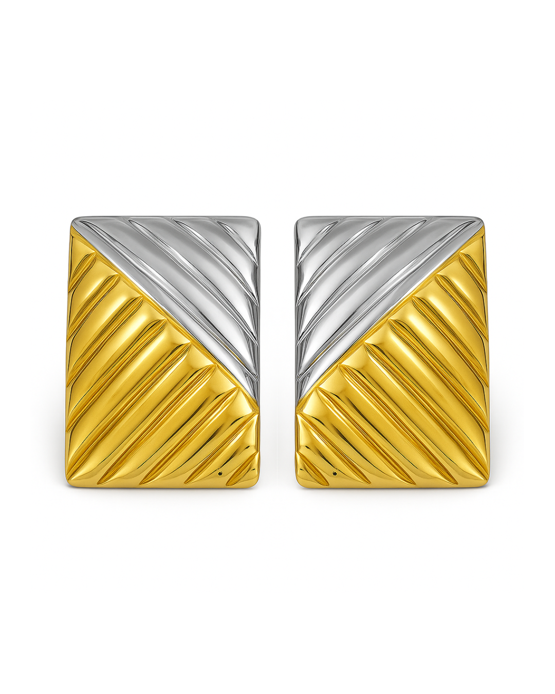 Stripped Rectangle Duo Gold and Silver Vintage Style Earrings (18K Gold Plated, Stainless Steel)