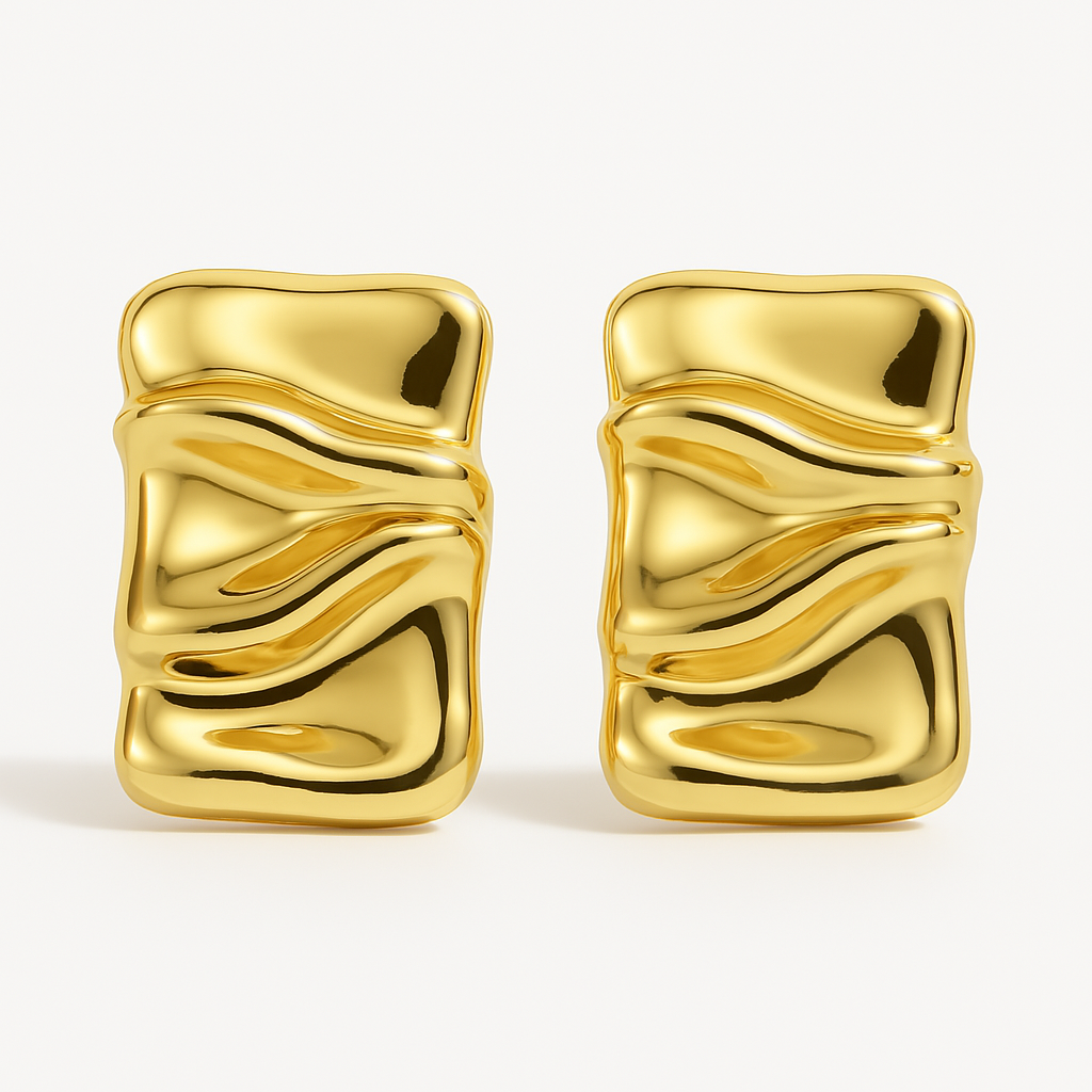 Textured Rectangular Gold Vintage Style Earrings (18K Gold Plated, Stainless Steel)